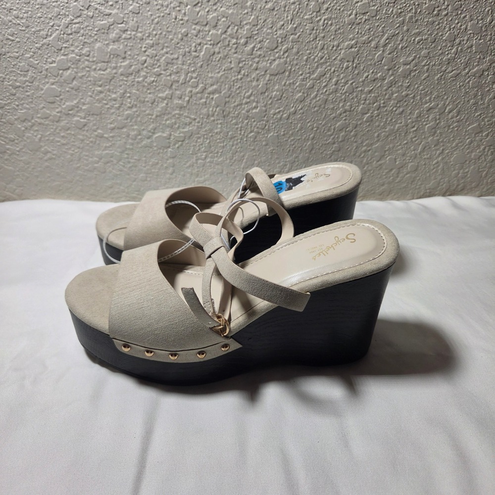 Seychelles Cream Fabric Studded Wood Wedge Platform Sandals Ankle Strap Sz 10